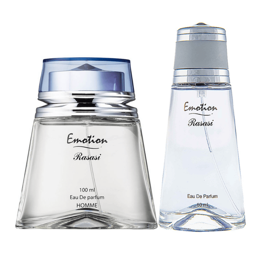 Rasasi Emotion EDP couple bundle with two 100ml bottles, featuring elegant perfume bottles for men and women.