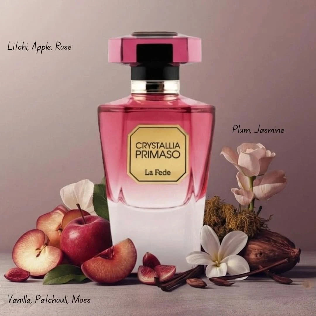 Khadlaj La Fede Crystallia Primaso Eau de Parfum spray 100ml bottle with elegant packaging and clear glass design.