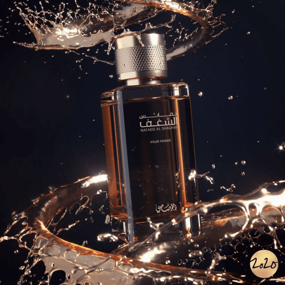 Nafaeis Al Shaghaf women’s EDP by Rasasi in 100ml bottle, elegant perfume bottle with floral and gold accents.