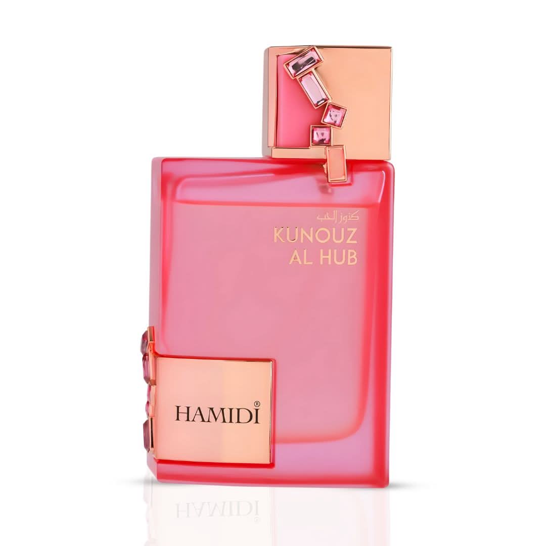 Auction Hamidi Kunouz Al Hub Eau de Parfum 100ml spray with velvet pouch, featuring elegant bottle and luxurious packaging.