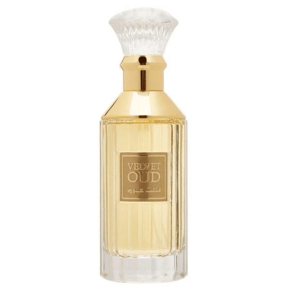 Velvet Oud EDP by Lattafa, 100ML Eau De Parfum bottle with elegant velvet design and gold accents.