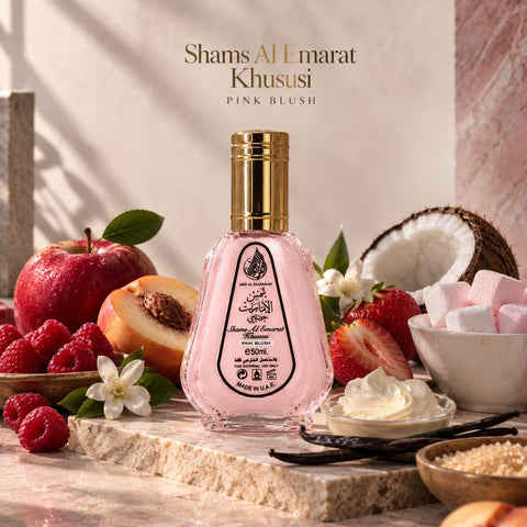 Bundle of four 50ml Eau de Parfum sprays including Choco Musk, Pink Blush, Yara, and Marshmallow Blush by Intense Oud.