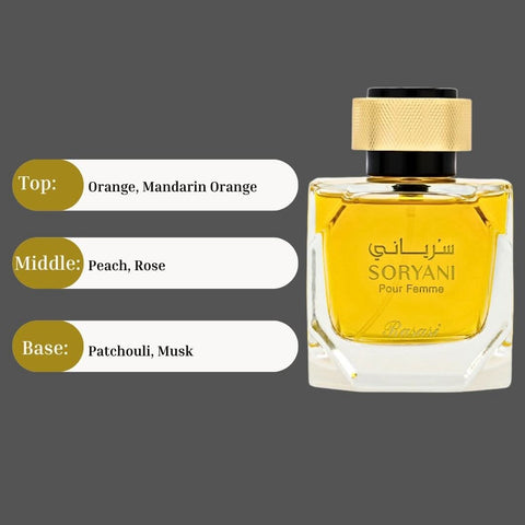 Rasasi Soryani Pour Femme EDP spray 100ml bottle, featuring a floral, citrusy, musky fragrance with a feminine, long-lasting scent.