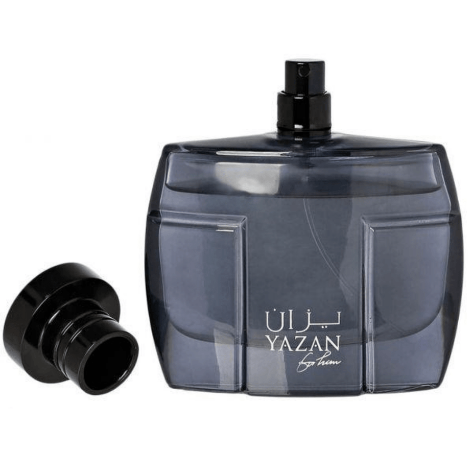 Rasasi Yazan for Men Eau De Parfum bottle, 85ml, with sleek design and fragrance cap, displayed on a neutral background.