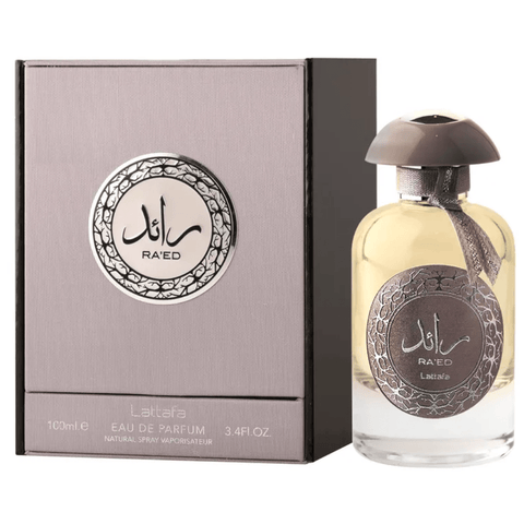 Ra'ed Silver Eau De Parfum spray by Lattafa, 100ML bottle, featuring sleek silver packaging and elegant design.
