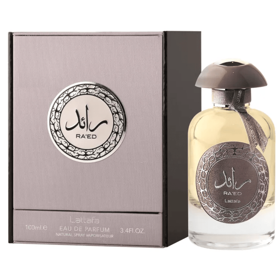 Ra'ed Silver Eau De Parfum spray by Lattafa, 100ML bottle with sleek silver packaging and elegant perfume cap.