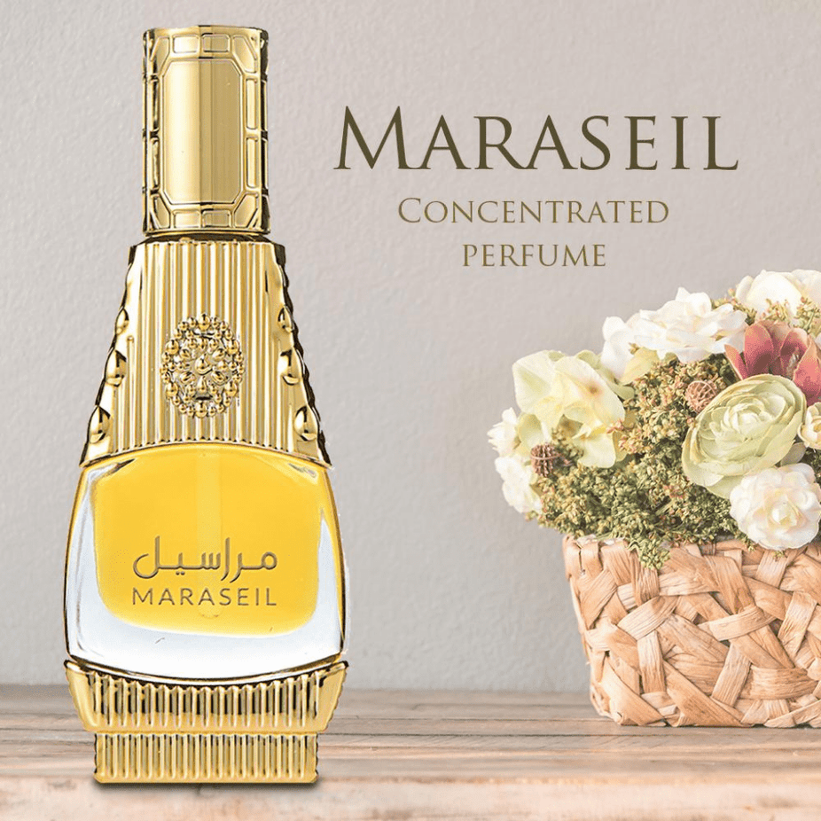Rasasi Maraseil CPO concentrated perfume oil 15ml bottle with elegant packaging and gold accents.