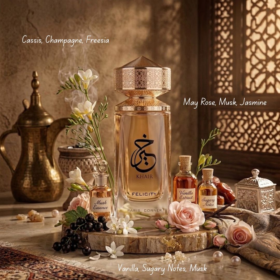 Khair Felicity Eau de Parfum spray by Paris Corner, 100ml bottle with elegant design, showcasing the fragrance packaging.