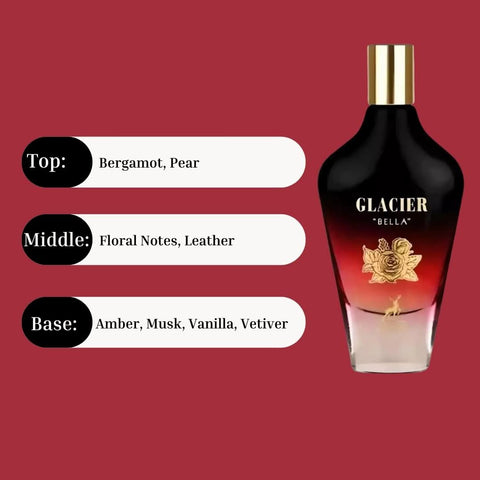 Maison Alhambra Glacier Bella Eau de Parfum spray 100ml bottle in a velvet pouch, showcasing elegant glass packaging.
