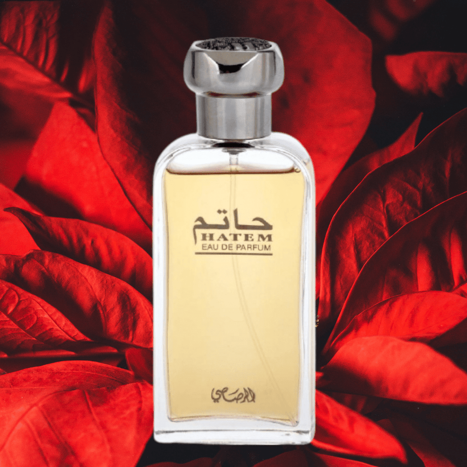 Rasasi Hatem Ruh Al Mughamarah Eau De Parfum for men, 75ml bottle, elegant fragrance bottle with gold accents.