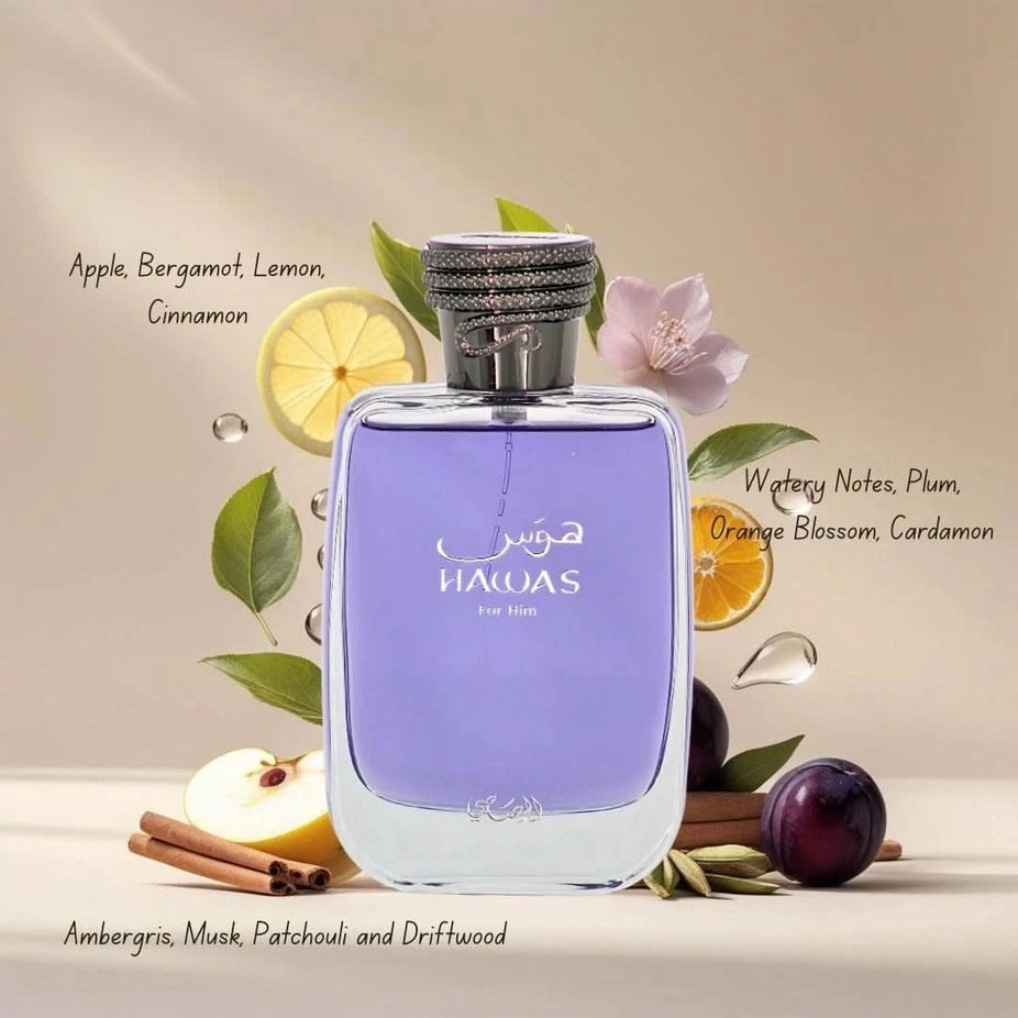 Rasasi Hawas for Men Eau de Parfum spray in a velvet pouch, 100ml bottle with a sleek design and elegant packaging.