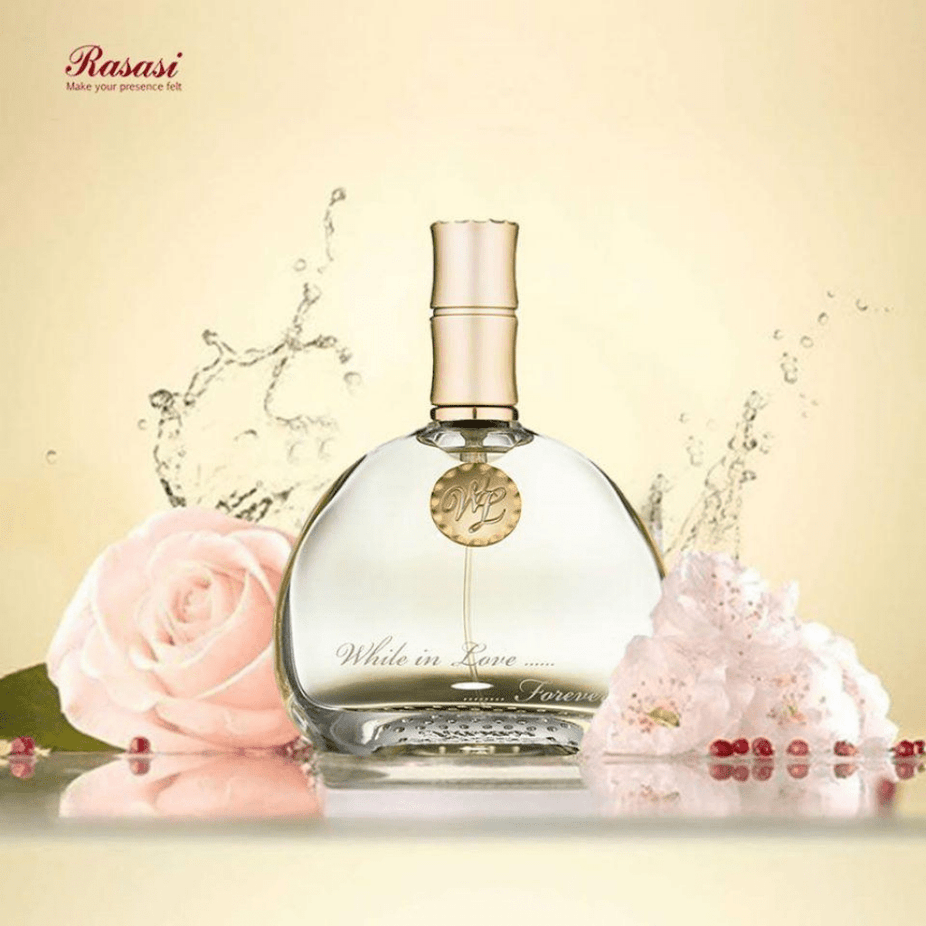 Rasasi While in Love Forever for Women Eau De Parfum bottle, 80 ML, with elegant floral and fruity fragrance design.