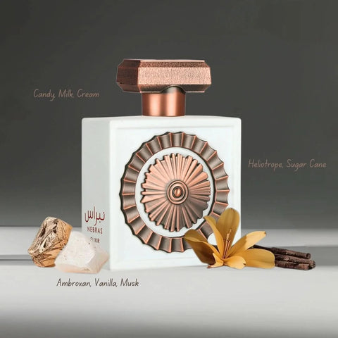 Lattafa Nebras Elixir Eau de Parfum spray in a 100ml bottle, shown with a velvet pouch, featuring elegant packaging and design.