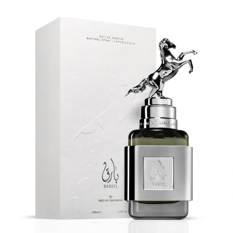 Bundle of Ard Al Zaafaran Bareq & Mirage Eau de Parfum sprays, 100ml each, featuring sleek bottles and elegant packaging.