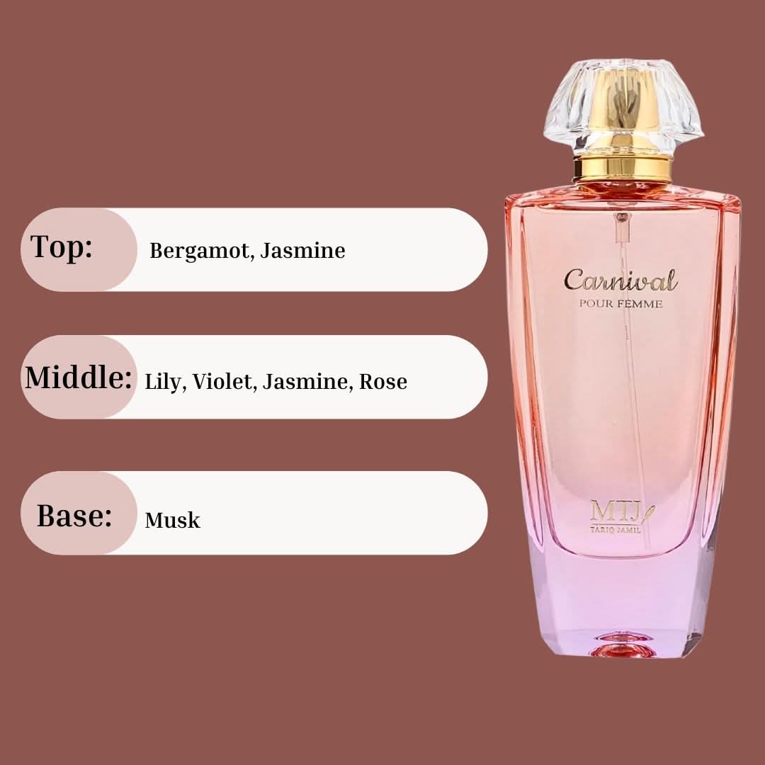 Carnival Pour Femme EDP spray by MTJ, 100ML, featuring a floral, musky, and refreshing feminine scent in a sleek bottle.
