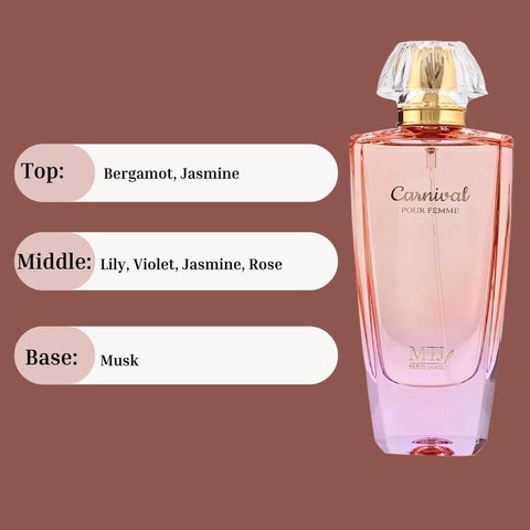 Carnival Pour Femme EDP spray by MTJ, 100ML, featuring a floral, musky, and refreshing feminine scent in a sleek bottle.