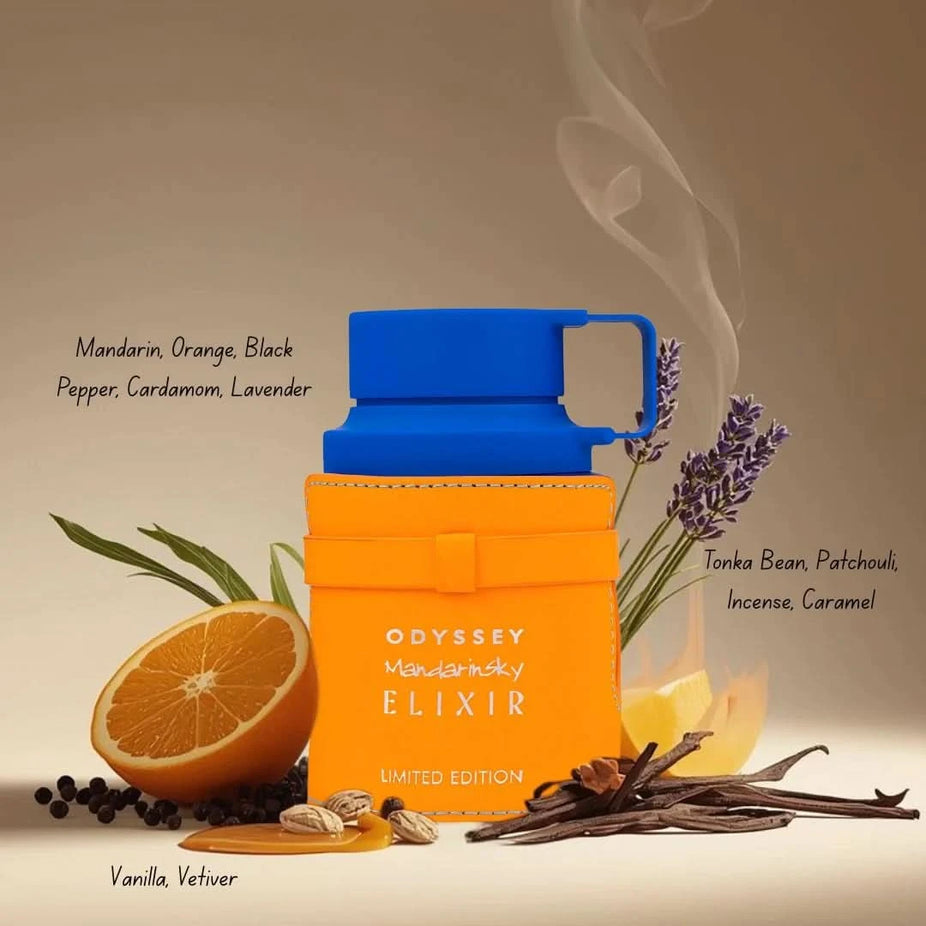 Odyssey Mandarin Sky Elixir Eau de Parfum by Armaf, 100ml bottle, with elegant packaging and a modern fragrance design.