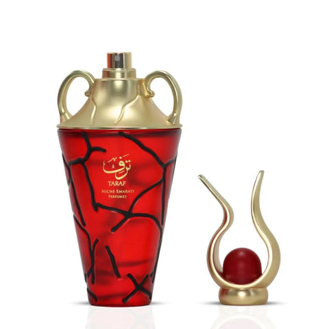 Lattafa Niche Emarati Taraf Eau De Parfum spray in velvet pouch, 100ml, featuring elegant bottle and luxurious packaging.