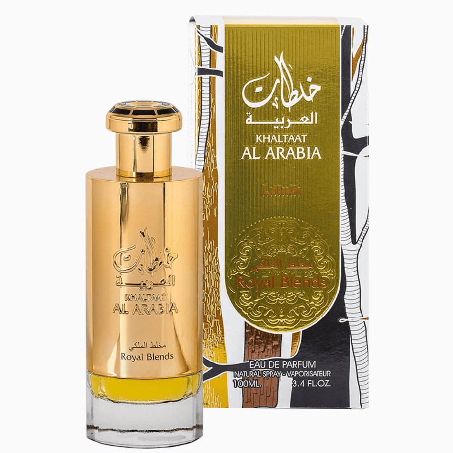 Qaed Al Fursan Khaltat Al Arabia Royal Delight EDP bottle in magnetic box, 100ml, by Lattafa, elegant perfume packaging.