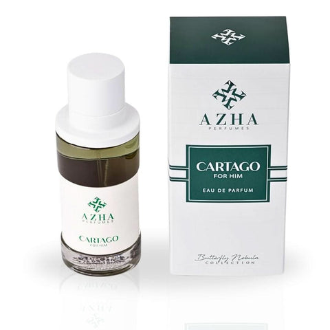 Azha Cartago For Him EDP spray 100ml, a luxurious fragrance with exotic, enchanting scent in a sleek perfume bottle.