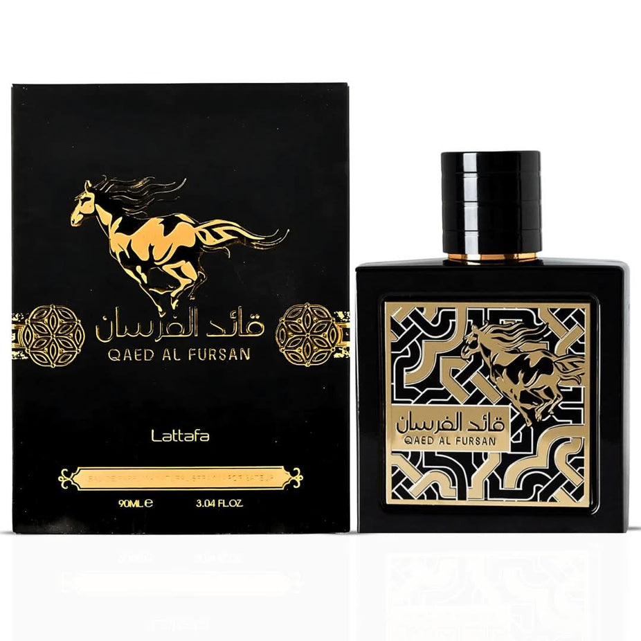 Lattafa Qaed Al Fursan & Untamed Eau de Parfum spray bundle, 90ml each, featuring sleek perfume bottles with elegant packaging.