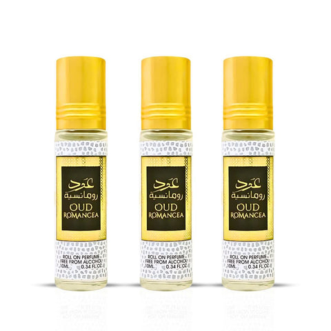 Set of three Oud Romancea perfume oil bottles by Ard Al Zaafaran, 10ml concentrated perfume oils in sleek bottles.