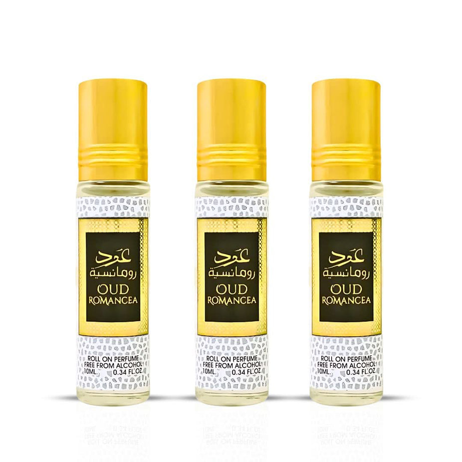 Set of three Oud Romancea perfume oils by Ard Al Zaafaran in 10ml bottles, featuring luxurious concentrated perfume oil packaging.