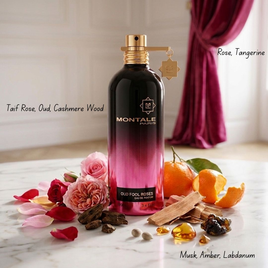 Montale Oud Fool Roses Eau de Parfum spray bottle, 100ml, with elegant packaging and floral fragrance design visible.