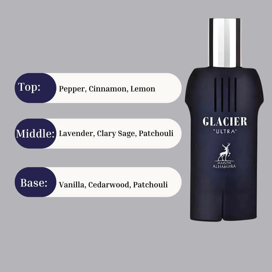 Maison Alhambra Glacier Ultra Eau de Parfum Spray 100ml bottle with elegant packaging and cap, showcasing the fragrance.