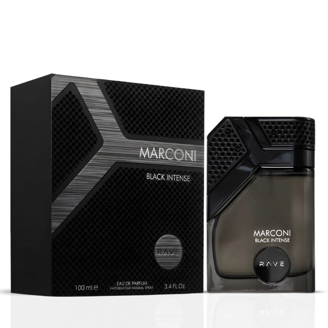 RAVE Marconi & Marconi Black Intense Eau de Parfum bundle with two 100ml spray bottles, featuring sleek black perfume packaging.