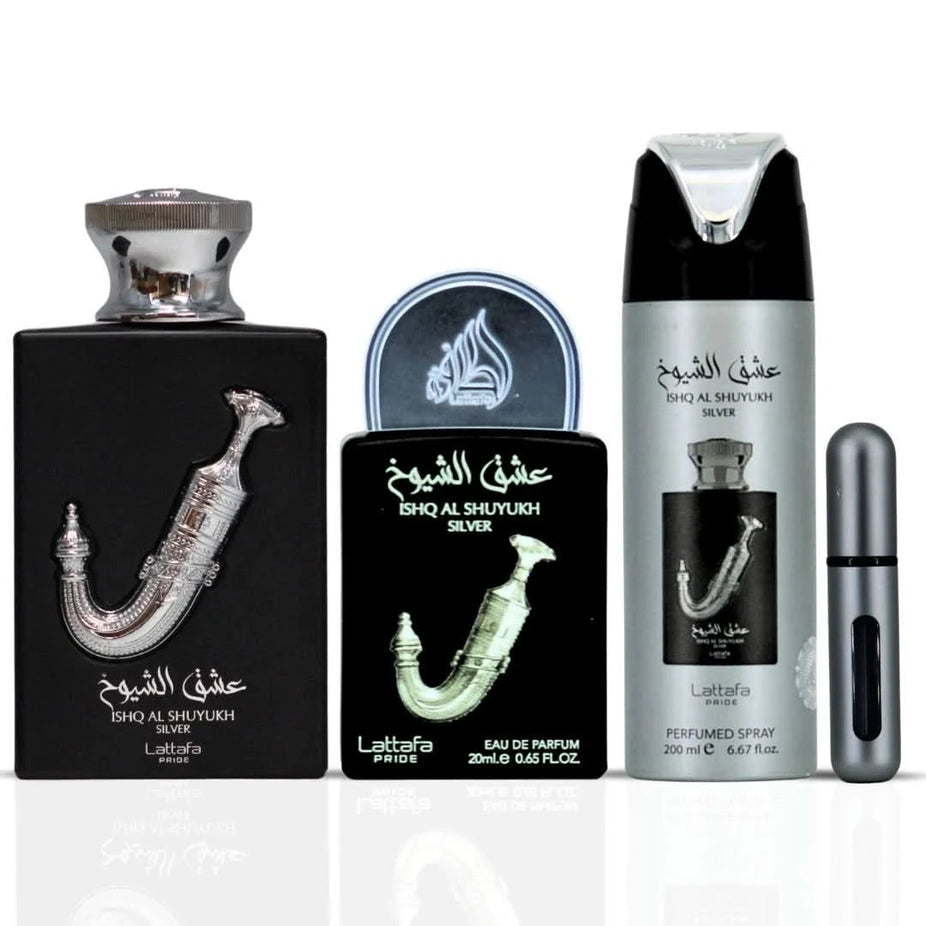 Lattafa Pride Ishq Al Shuyukh silver 3-piece perfume gift set with elegant bottles and packaging, ideal for special occasions.
