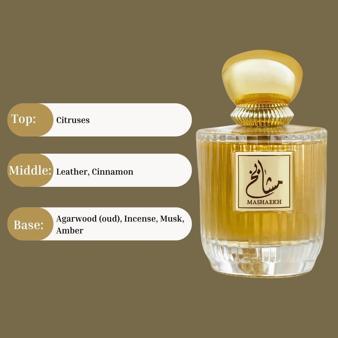 MTJ Mashaekh EDP Spray 100ML, luxurious unisex perfume with woody, citrus, and spicy notes, long-lasting Eau De Parfum.