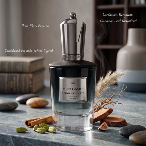 Mind Games Scholar’s Mate Extrait de Parfum 100ml EDP bottle, elegant fragrance container with detailed label design.