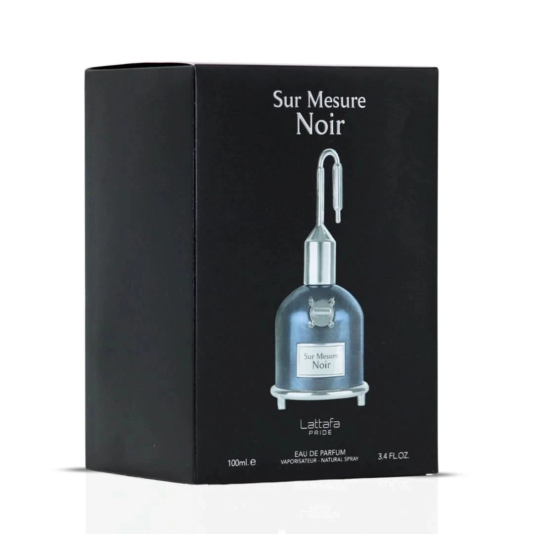 Sur Mesure Noir Eau De Parfum spray by Lattafa Pride in 100ml bottle, featuring sleek black packaging and elegant design.