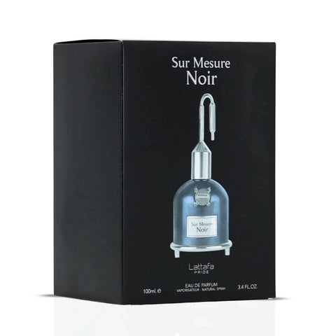 Sur Mesure Noir Eau De Parfum spray by Lattafa Pride in 100ml bottle, featuring sleek black packaging and elegant design.