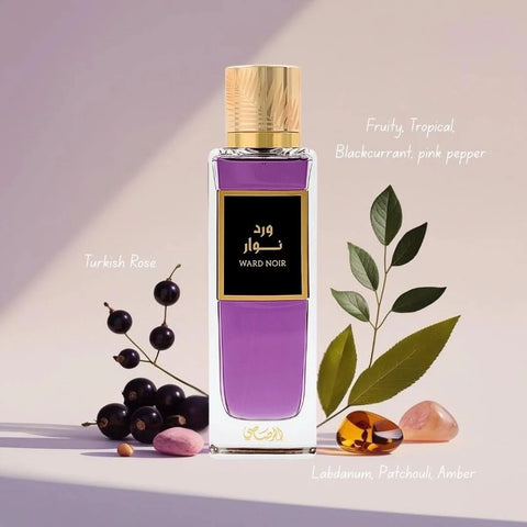 Rasasi Ward Noir Eau de Parfum spray bottle, 200ml, with sleek black packaging and elegant design.