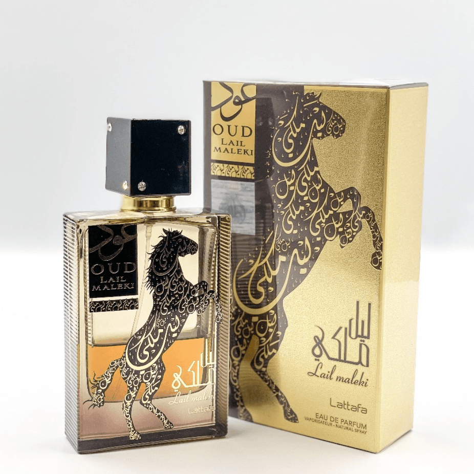Lattafa Oud Lail Maleki Eau de Parfum spray 100ml, elegant glass bottle with gold accents and a luxurious fragrance label.