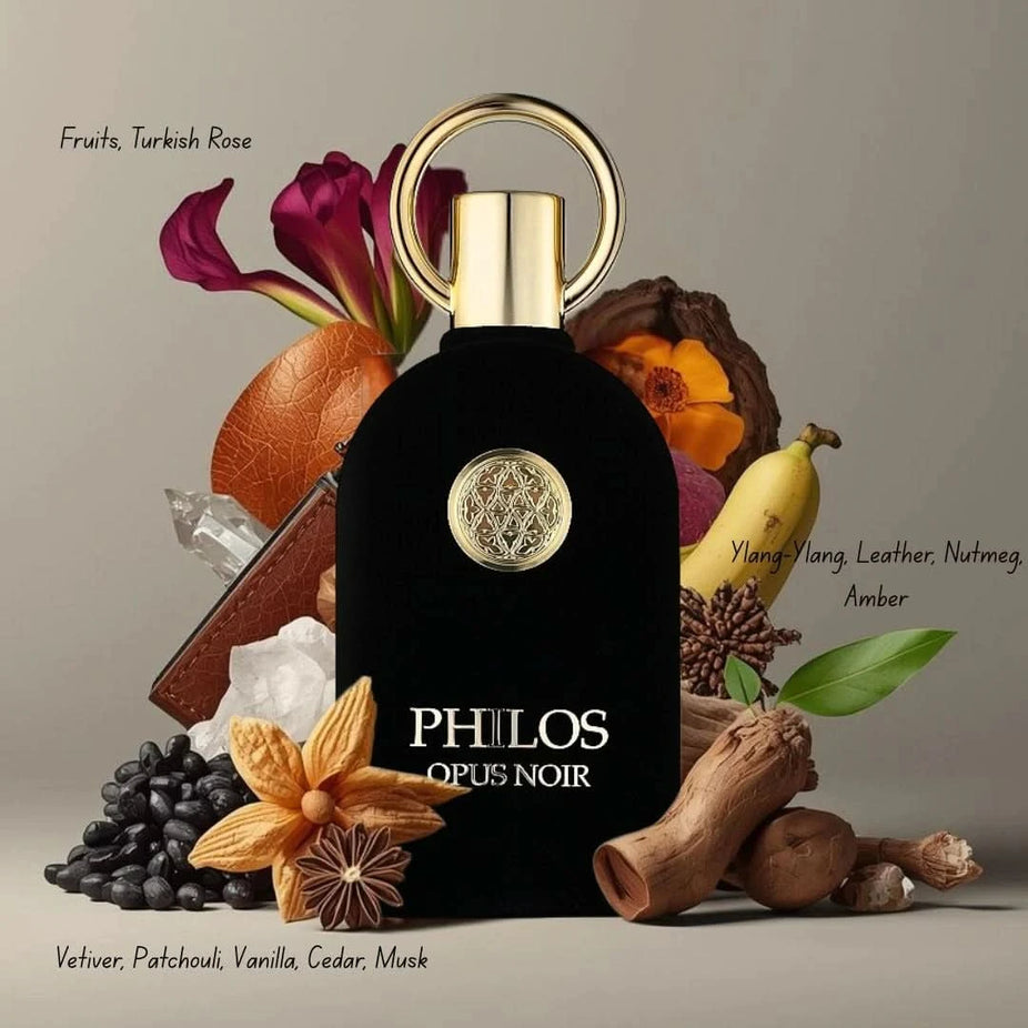 Collection of four Maison Alhambra Philos Eau de Parfum sprays including Centro, Messenger, Opus Noir, Rosso, and Shine in 100ml bottles.