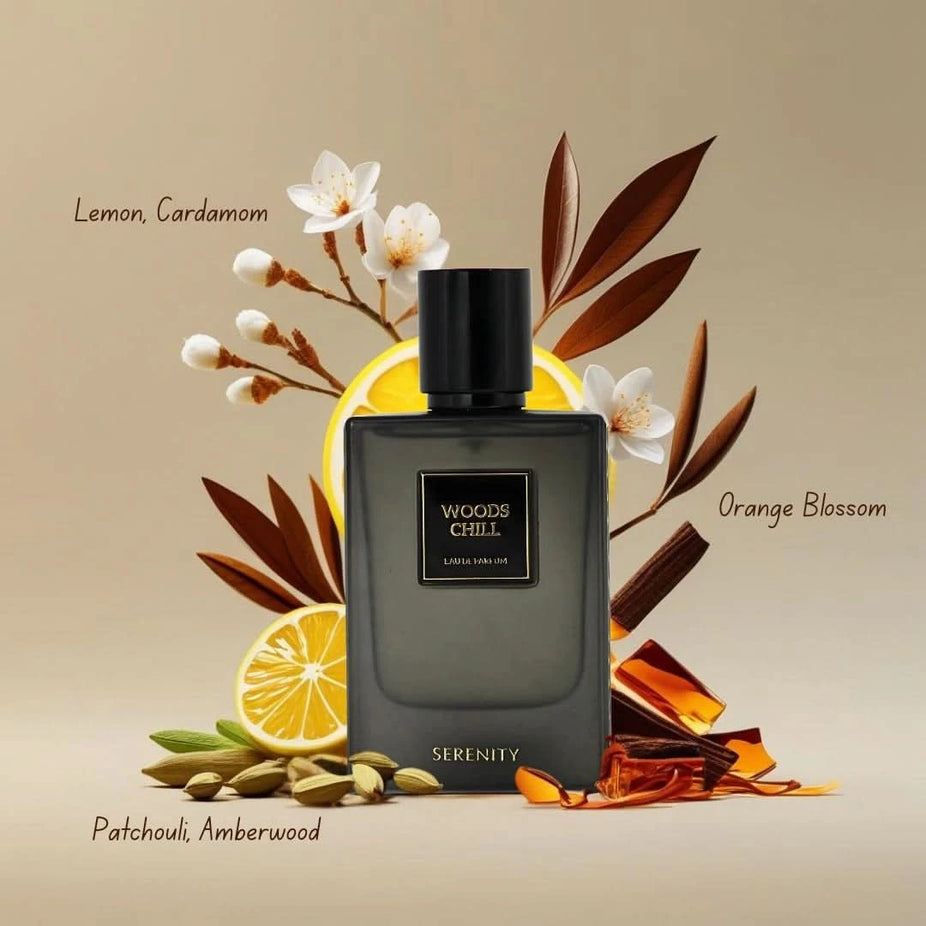 Serenity Woods Chill Eau de Parfum spray 50ml bottle with sleek design and minimalist label, showcasing the Serenity brand.