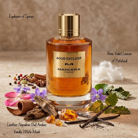 Mancera Aoud Exclusif Eau de Parfum spray bottle, 120ml, featuring elegant packaging and dark fragrance liquid inside.