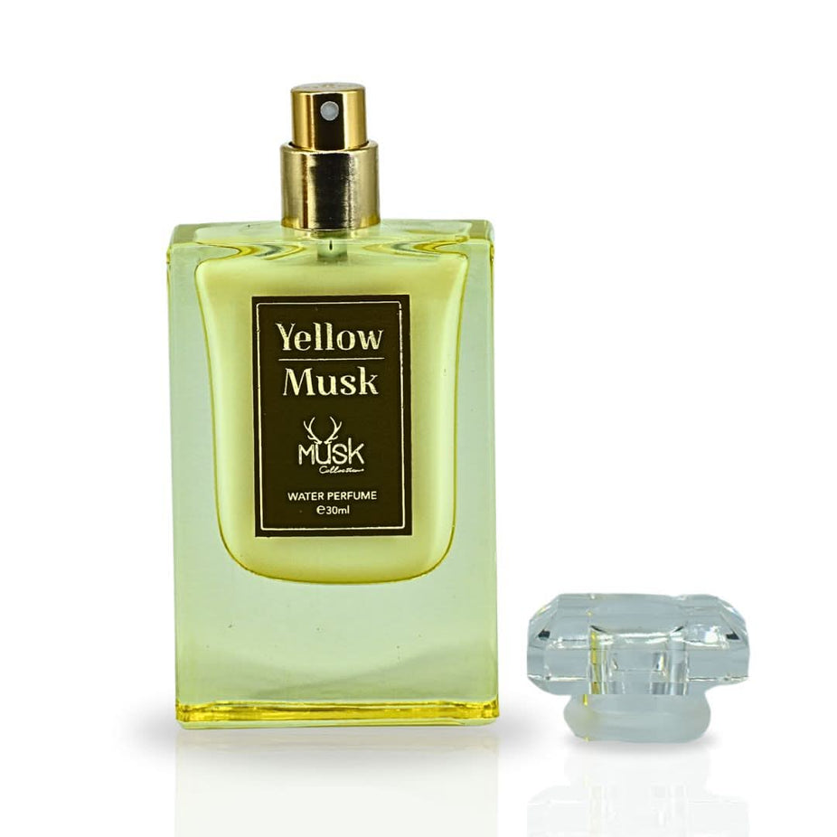 Yellow Musk Water Perfume spray by Hamidi, a 30ml bottle with vibrant, refreshing fragrance, displayed with its packaging.