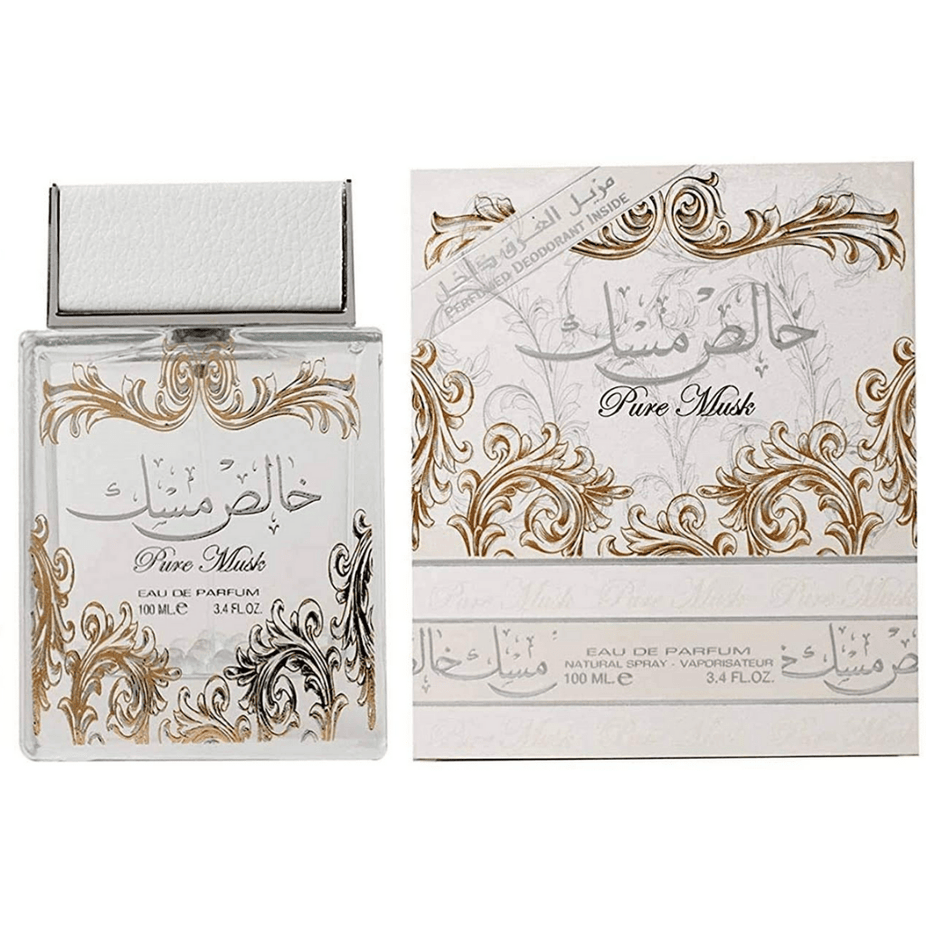 Lattafa Pure Musk Eau de Parfum spray 100ml with sleek bottle, featuring a minimalist design and a soft, elegant fragrance.