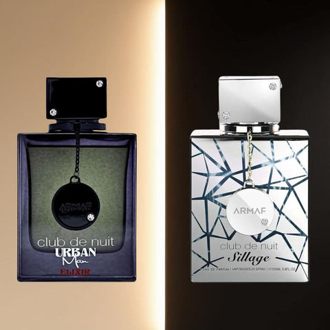 Bundle of Armaf Club De Nuit Sillage and Urban Man Elixir Eau de Parfum sprays, 105ml each, featuring sleek bottles and elegant packaging.