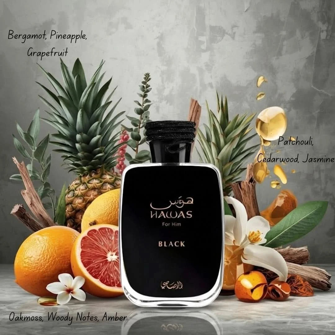 Hawas Black Eau de Parfum spray by Rasasi, 100ml bottle with sleek black design, for men with a bold, aromatic fragrance.