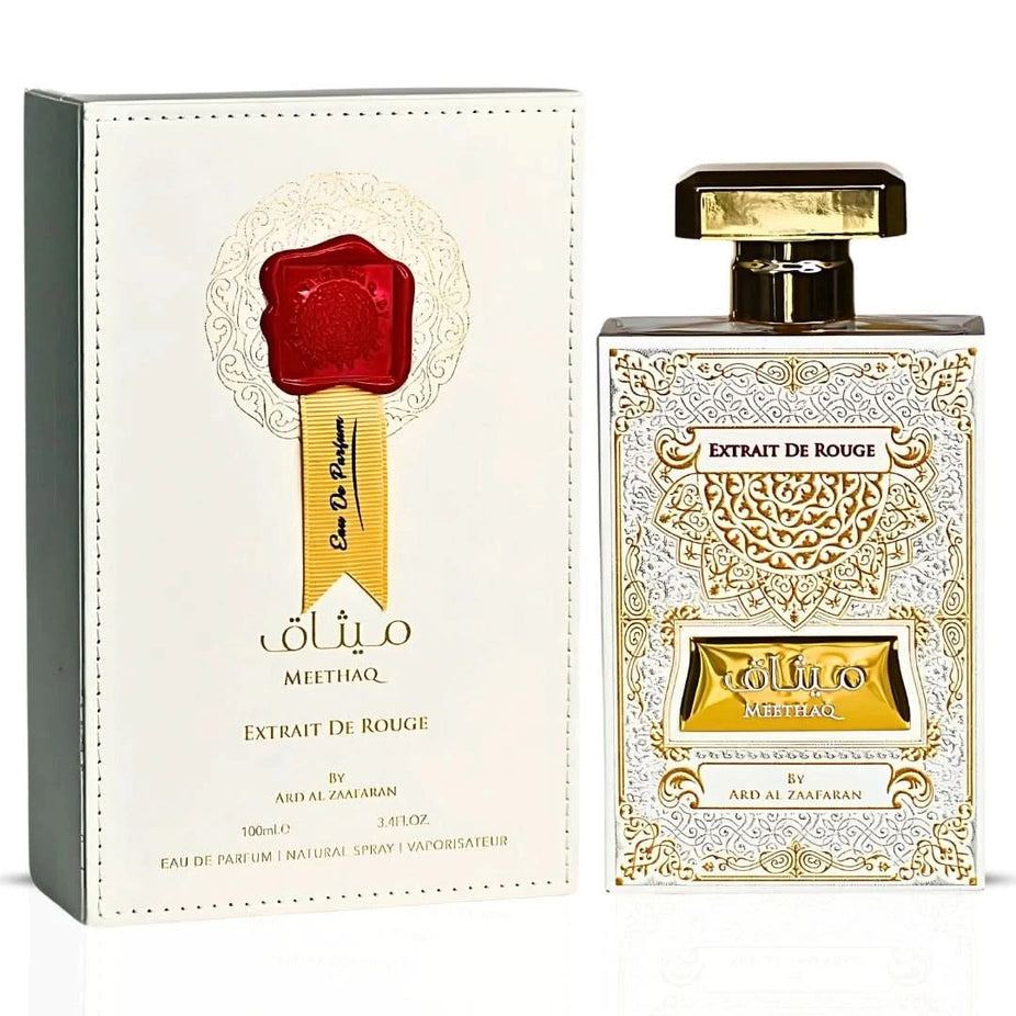 Bundle of Ard Al Zaafaran Pink Blush, Meethaq Rouge, and Manaal Eau de Parfum sprays in 100ml bottles, featuring floral and oriental scents.