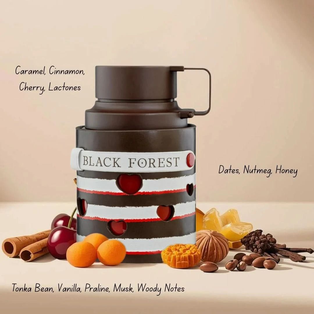 Odyssey Black Forest Eau de Parfum spray by Armaf in a velvet pouch, 100ml bottle with elegant black design.