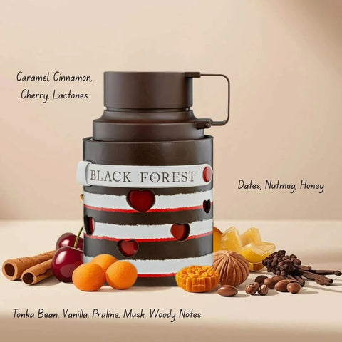 Odyssey Black Forest Eau de Parfum spray by Armaf in a velvet pouch, 100ml bottle with elegant black design.
