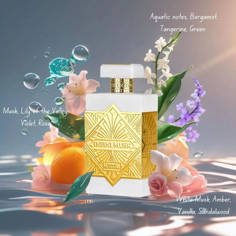 Maison Alhambra Infini Musk Eau de Parfum spray 100ml bottle with elegant packaging and minimalist design.