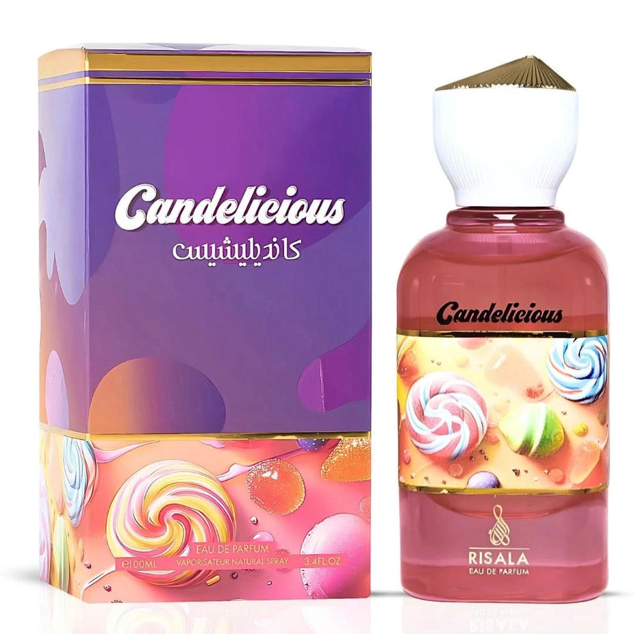 Bundle of four 100ml Eau de Parfum sprays including Pink Blush by Ard Al Zaafaran, Habik Women by Lattafa, and Candelicious by Risala.