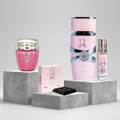 YARA Eau De Parfum Spray 100ML, Hand & Body Lotion 45ML, Roll-on Perfume Oil 10ML & Bakhoor 40gm - For Women by Lattafa. (YARA COLLECTION) - Intense Oud
